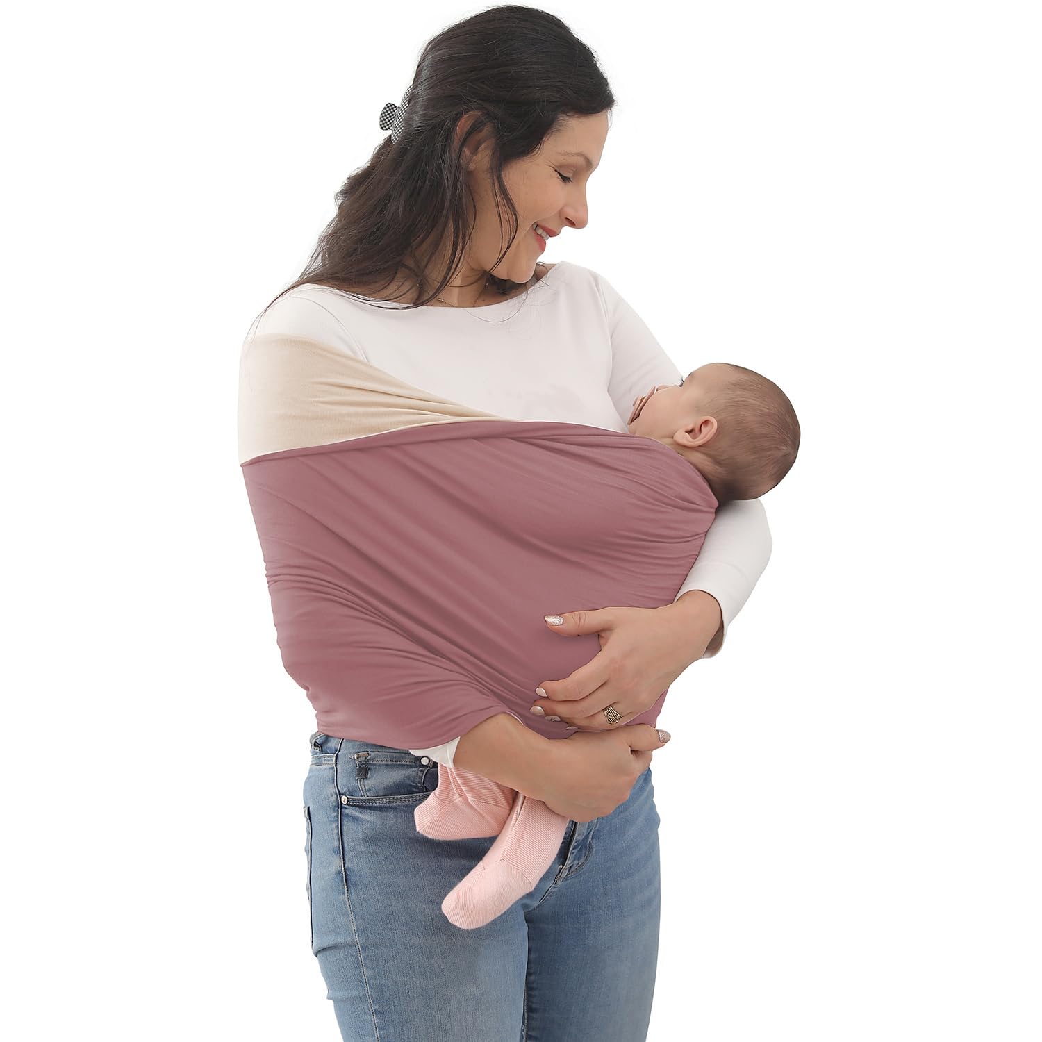 Kloovete Baby Wrap Carrier close-up shows stretchy fabric for snug support.