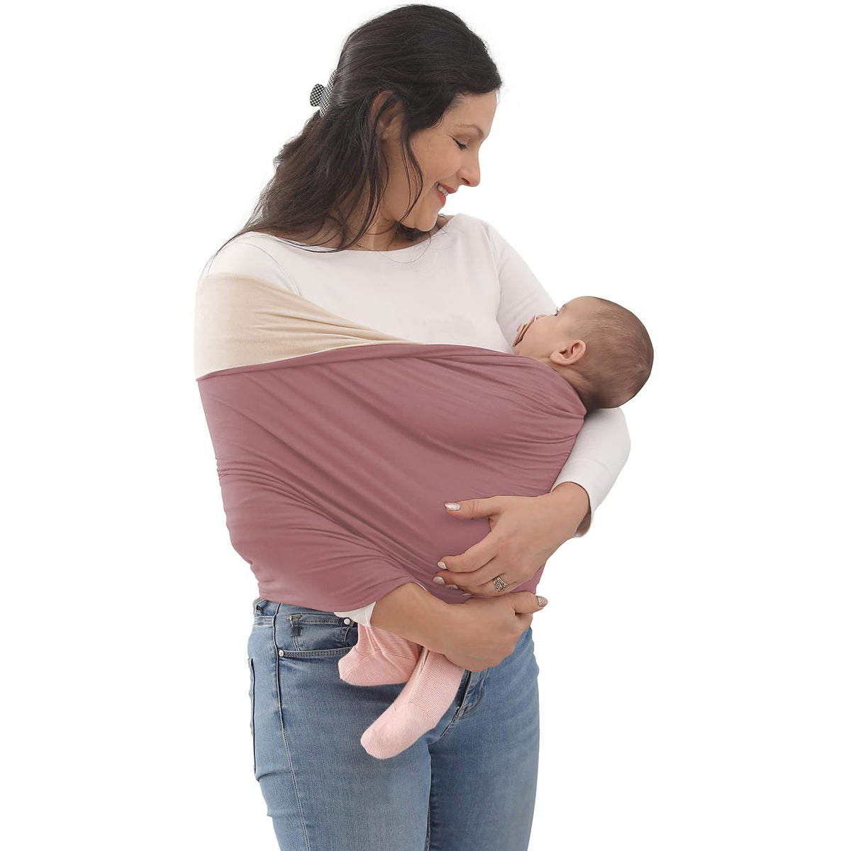 Kloovete Baby Wrap Carrier close-up shows stretchy fabric for snug support.
