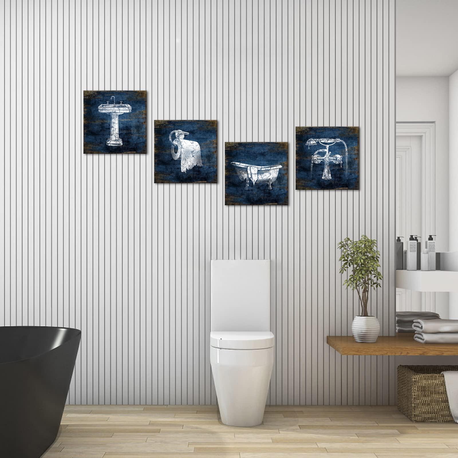 KLVOS abstract navy canvas framed print set enhances living room style.