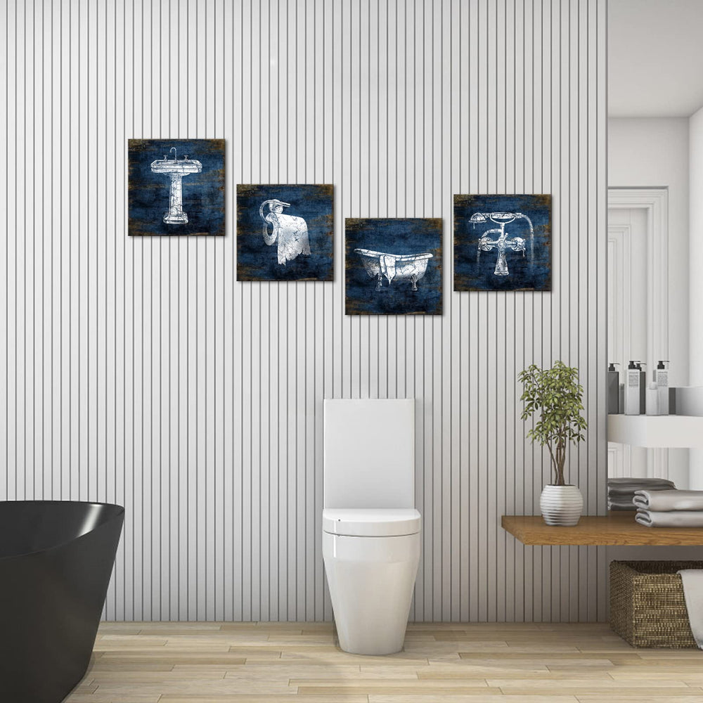 KLVOS abstract navy canvas framed print set enhances living room style.
