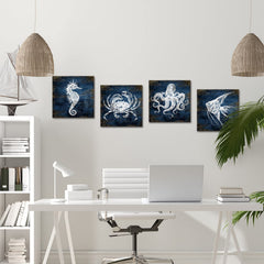 KLVOS navy blue seahorse art print creates calming bathroom ambience