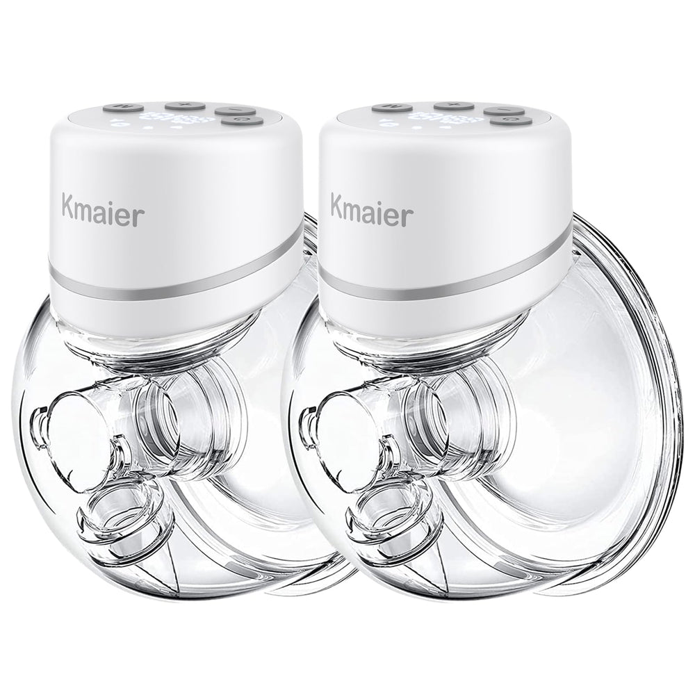 Kmaier hands-free breast pump worn discreetly for multitasking at home or office.