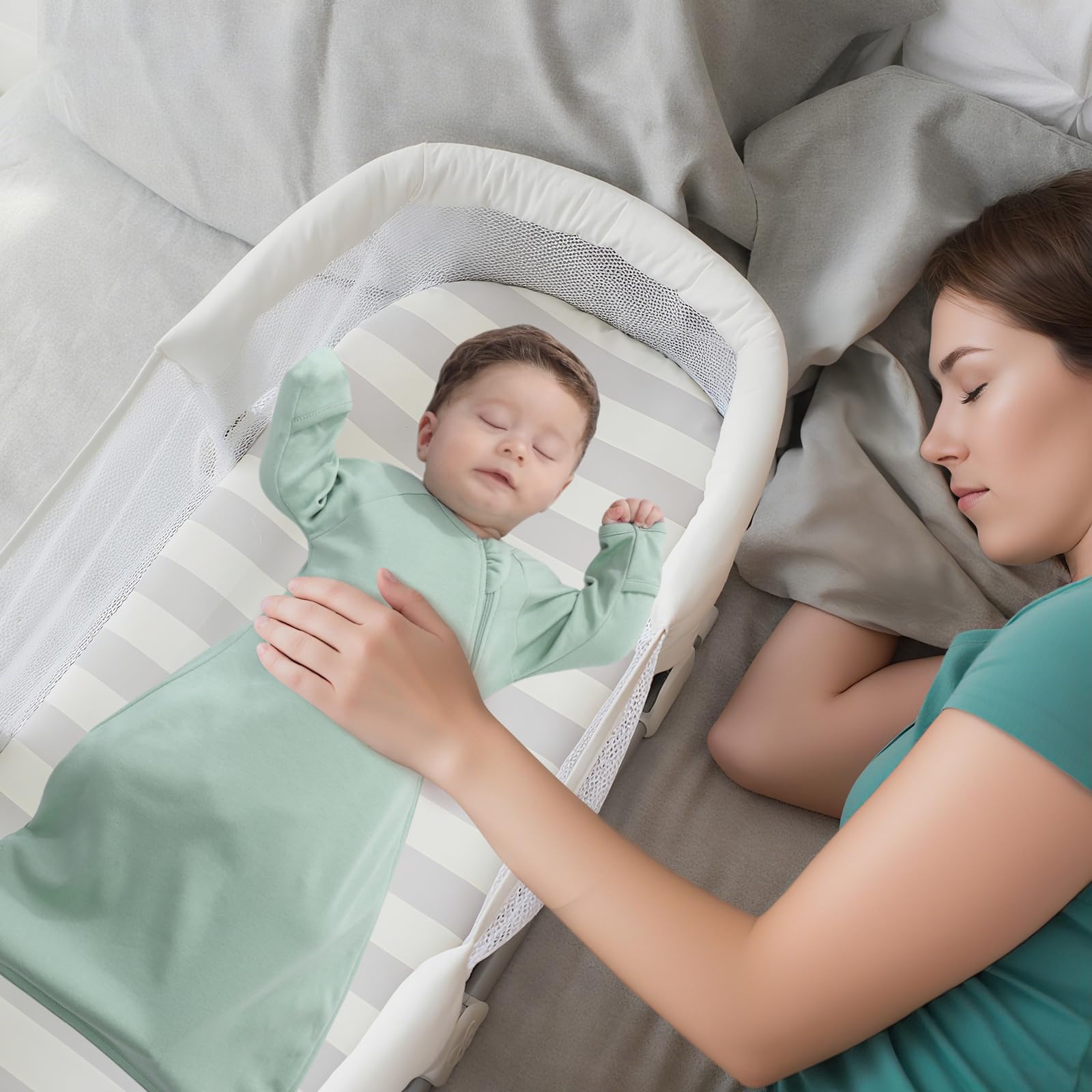Knirose sleep sack demonstrating easy diaper access via two-way zipper.