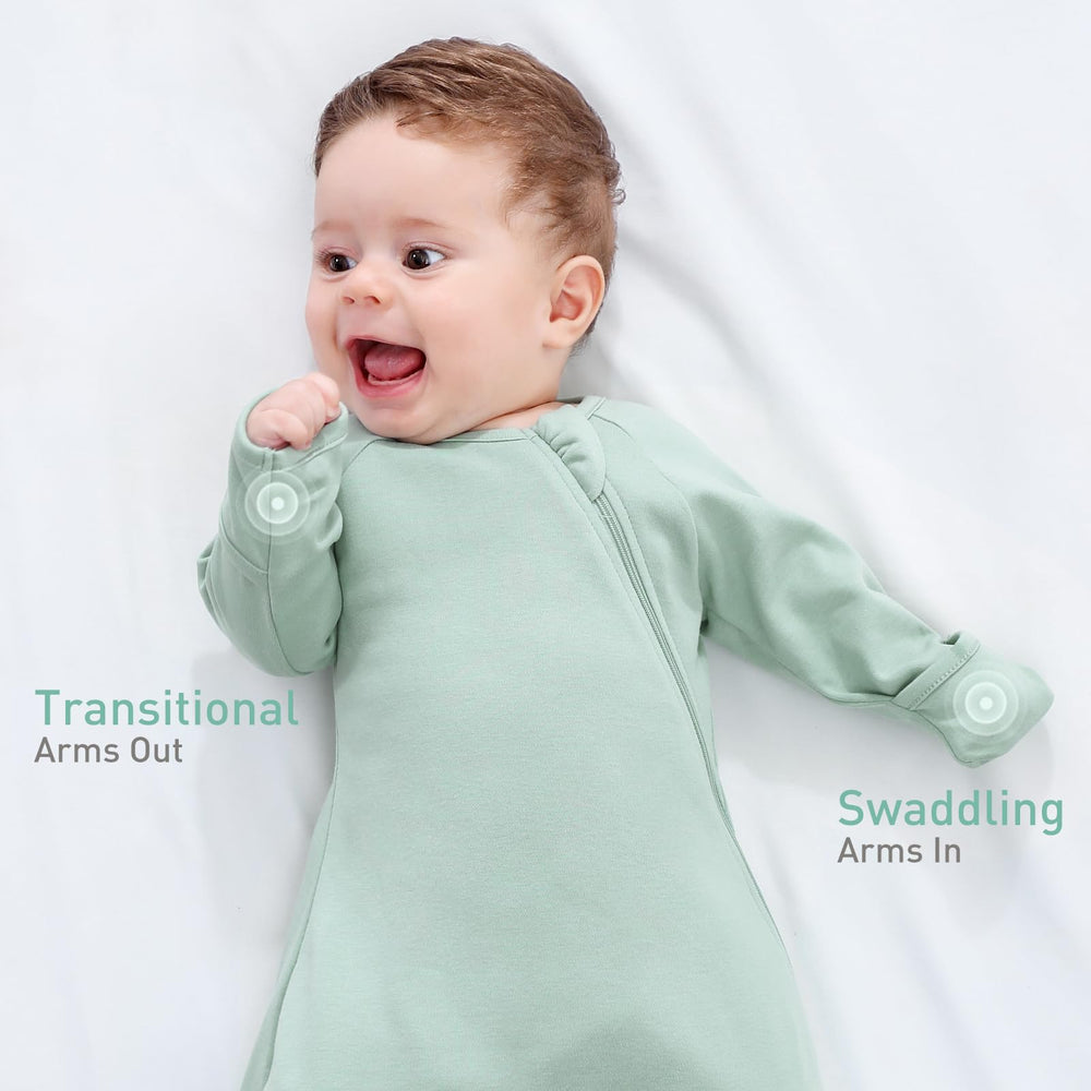 Knirose swaddle with mitten cuffs and two-way zip for easy diaper changes.