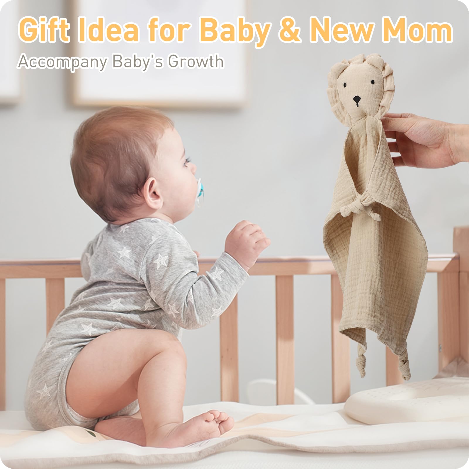 Knirose Lion Lovey bedtime scene emphasizes soothing comfort.