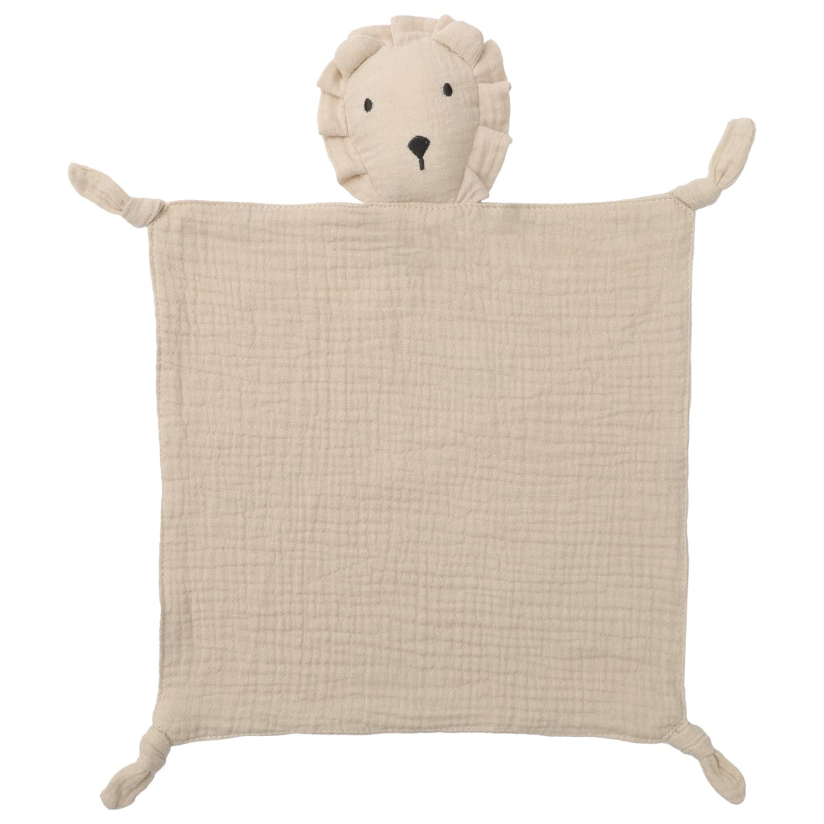 Knirose Lion Lovey closeup in soft muslin for gentle baby skin.