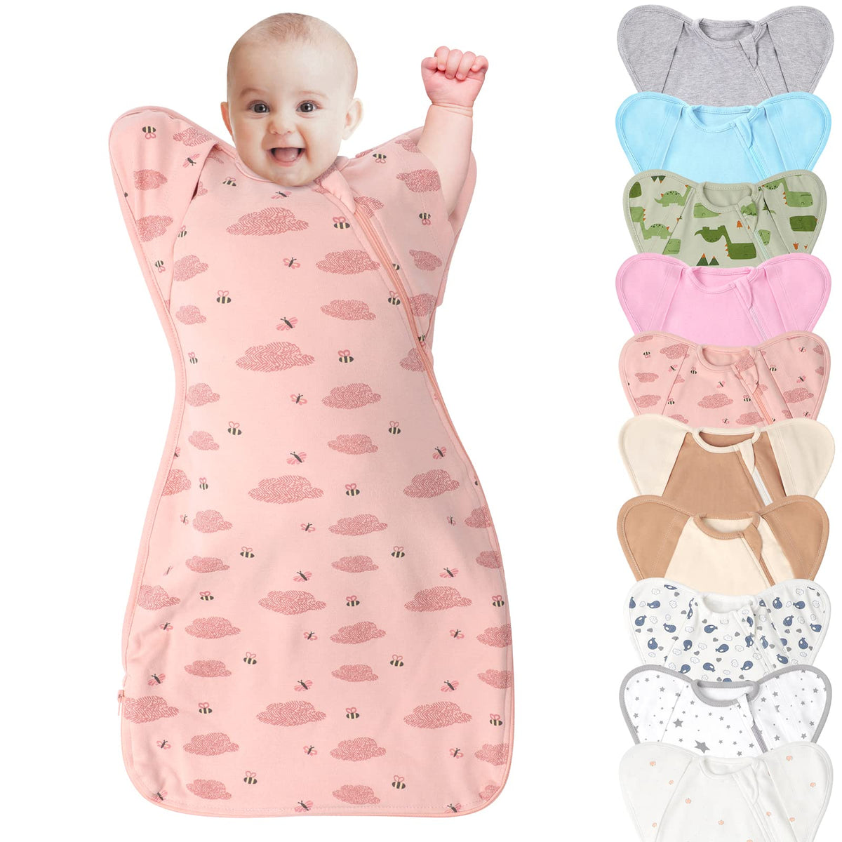 Knirose Organic 3-Way Swaddle with arms up sleep position promotes newborn comfort.