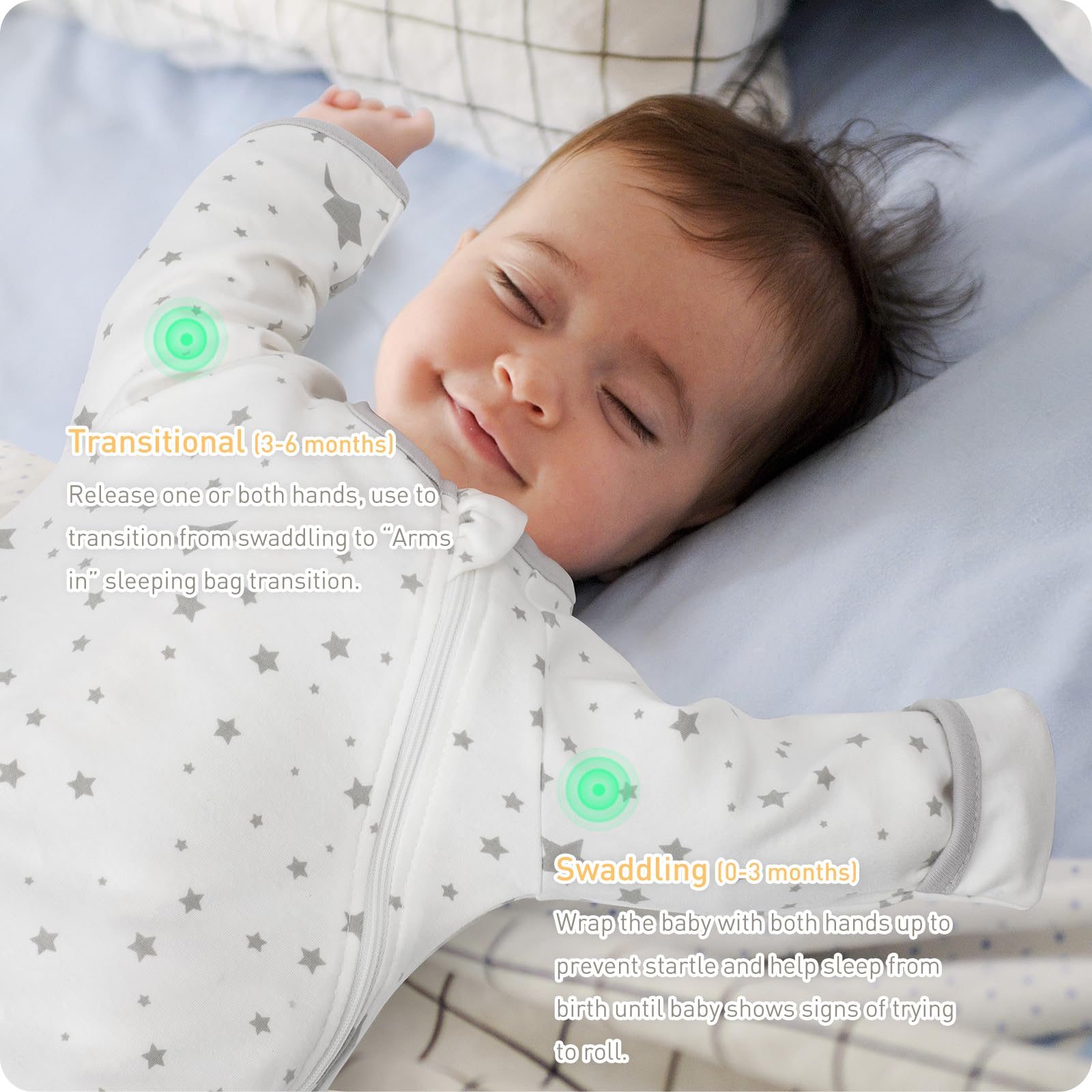 Knirose swaddle sack features a two-way zipper for easy diaper changes.