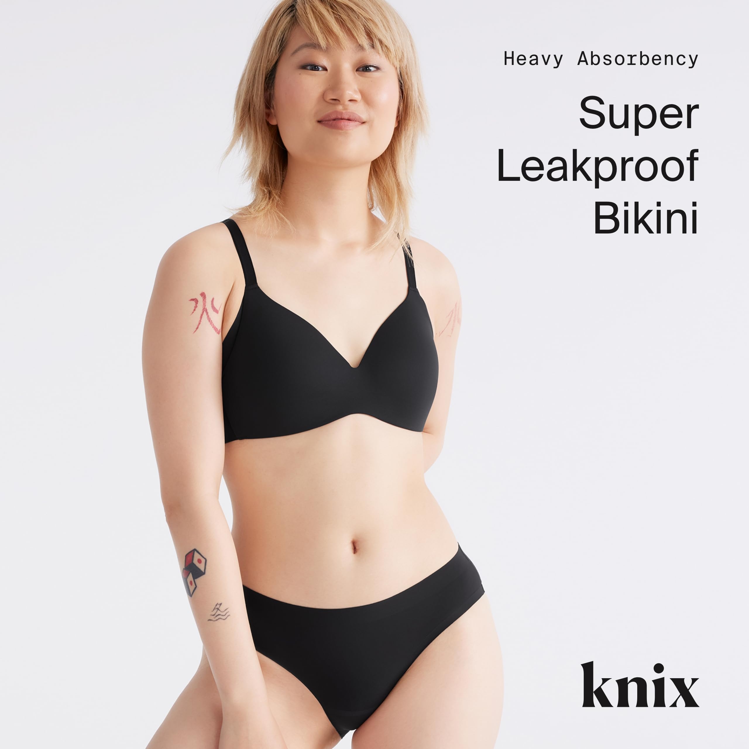 KNIX extended 9-inch gusset bikini showing added coverage to prevent leaks