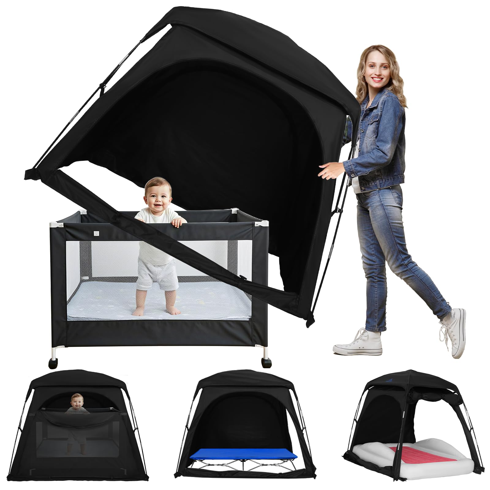 KNOCLOC blackout sleep tent front view on travel bed showing portable setup and darkness