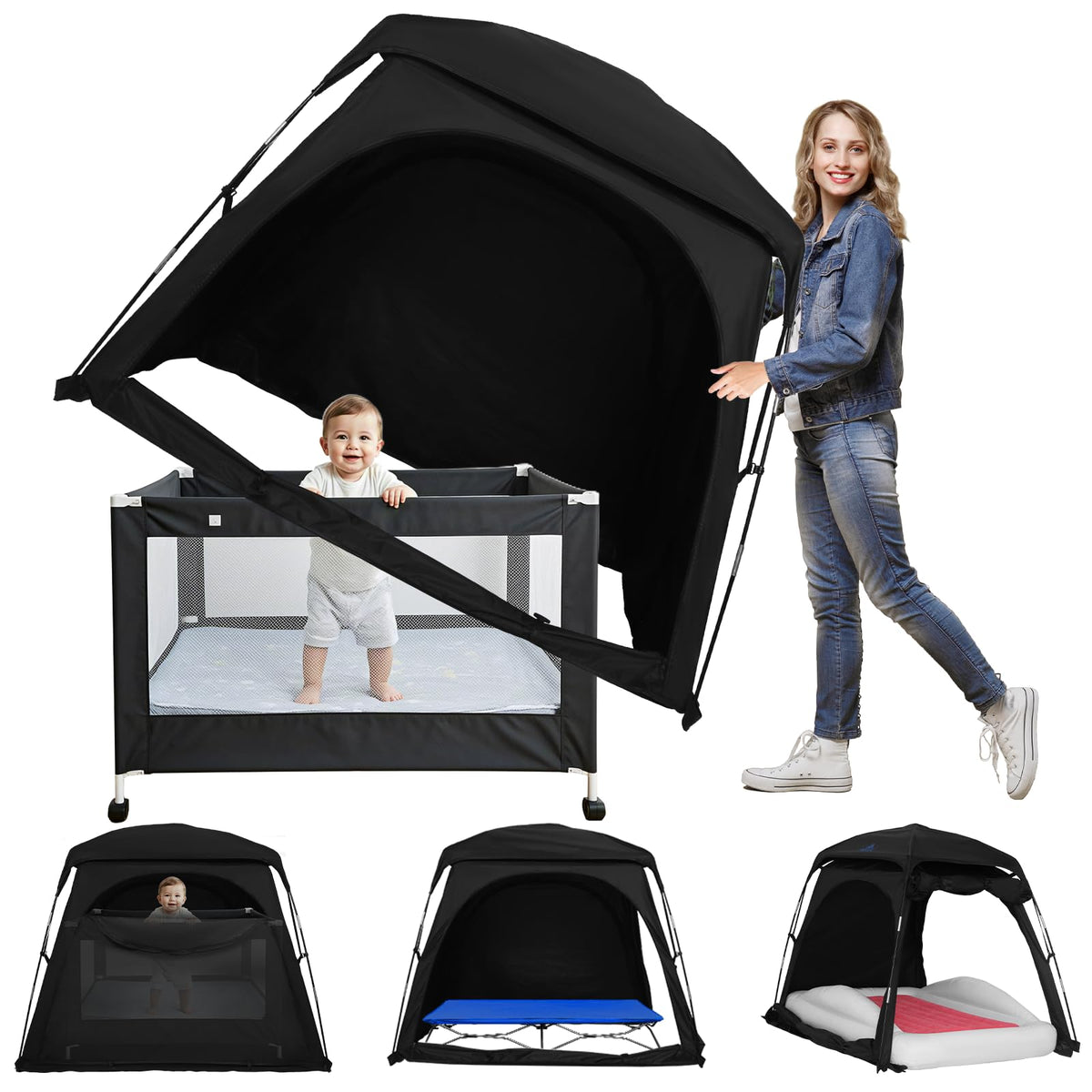 KNOCLOC blackout sleep tent front view on travel bed showing portable setup and darkness