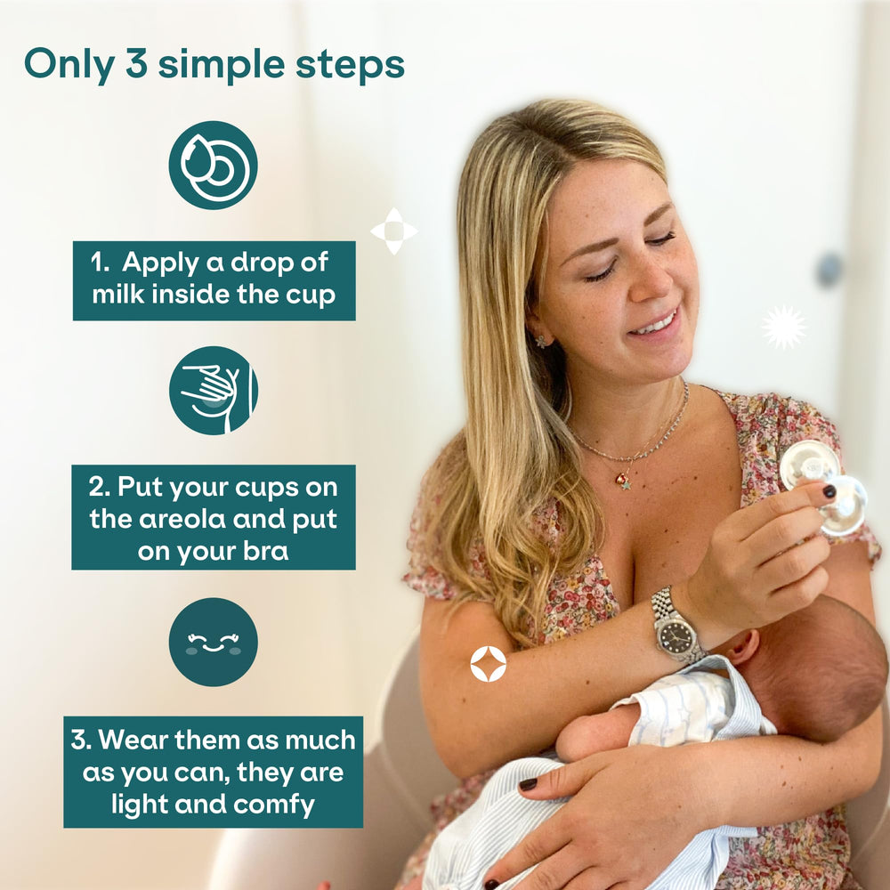 Koala Babycare silver nipple cups on nipple provide discreet protection under clothing.