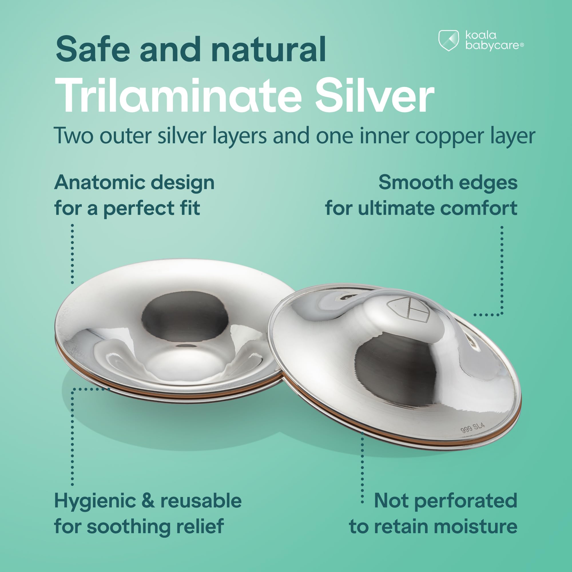 Koala Babycare Silver Nursing Cups silver material close-up; showcasing non-perforated soothing design.
