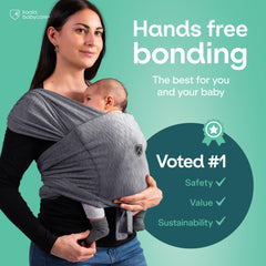 Koala Babycare wrap model demonstrates effortless wearing and mobility.