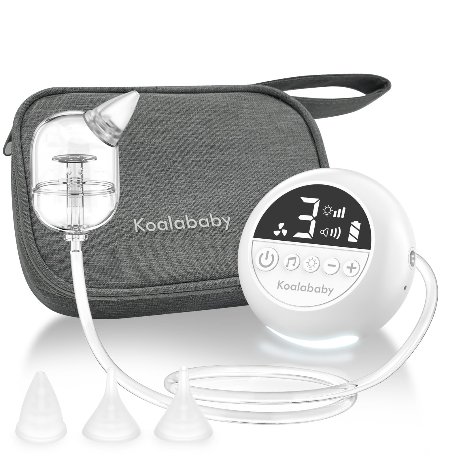 Koalababy electric nasal aspirator in hand, compact and ready for on-the-go relief.