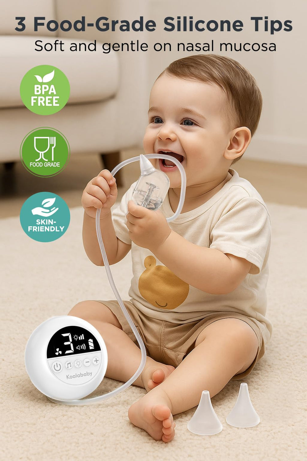Koalababy night light and music soothe baby during nasal care.