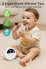 Koalababy night light and music soothe baby during nasal care.