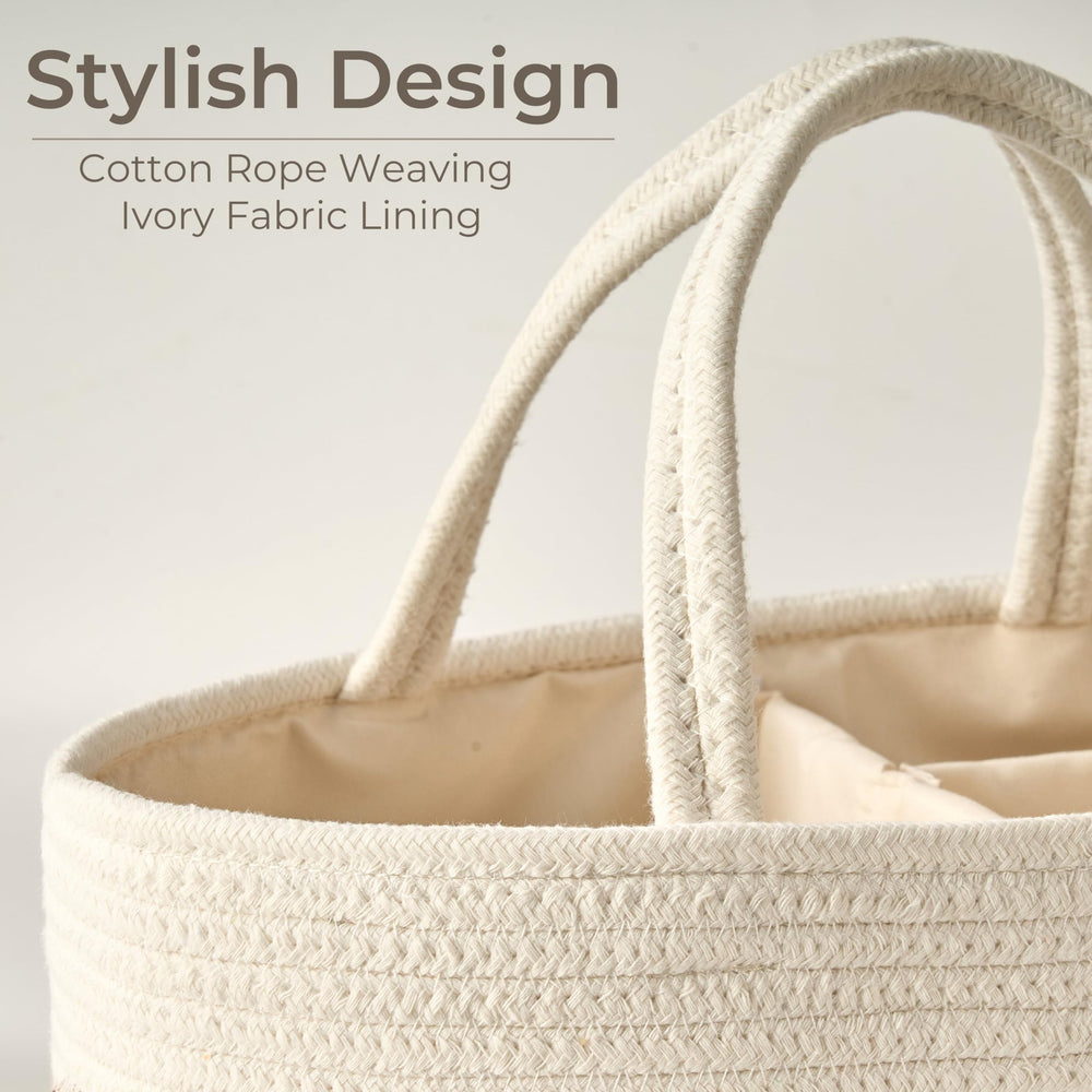 Kodomoore diaper caddy features handwoven cotton rope for durability.