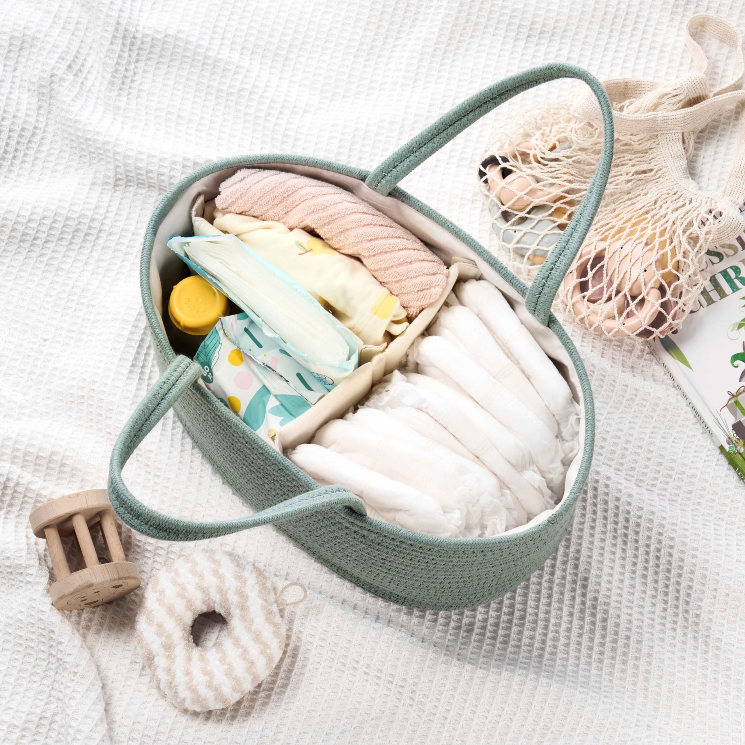 Kodomoore Diaper Caddy Removable Dividers create 2–3 compartments for easy sorting.