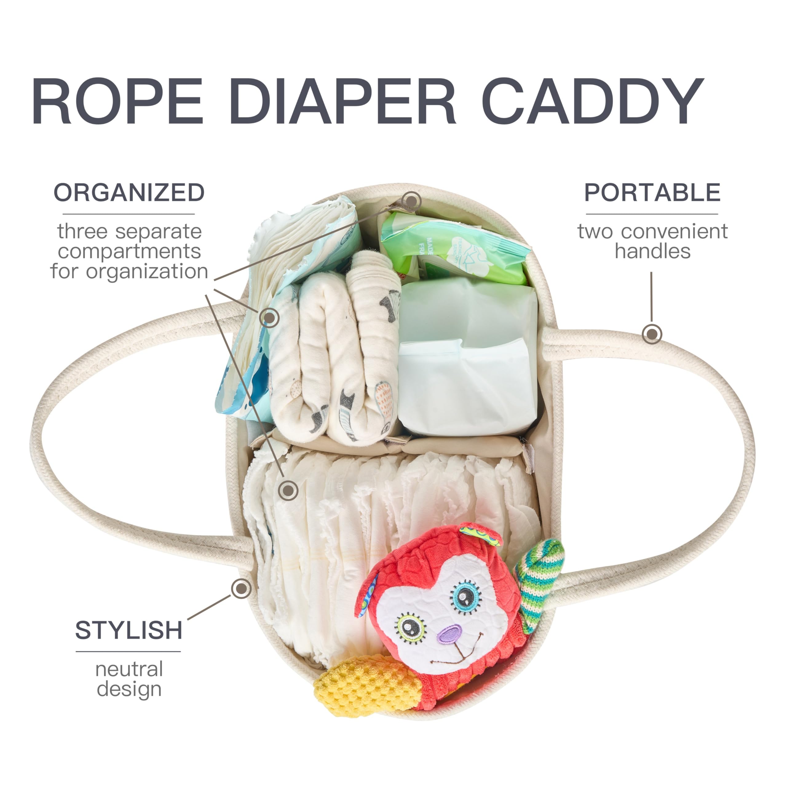 Kodomoore diaper caddy with removable dividers for easy organization.