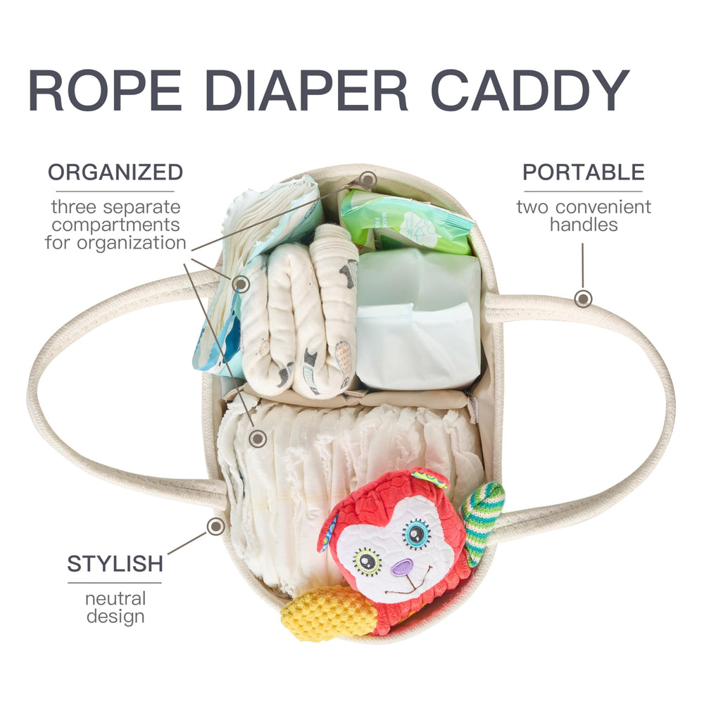 Kodomoore diaper caddy with removable dividers for easy organization.