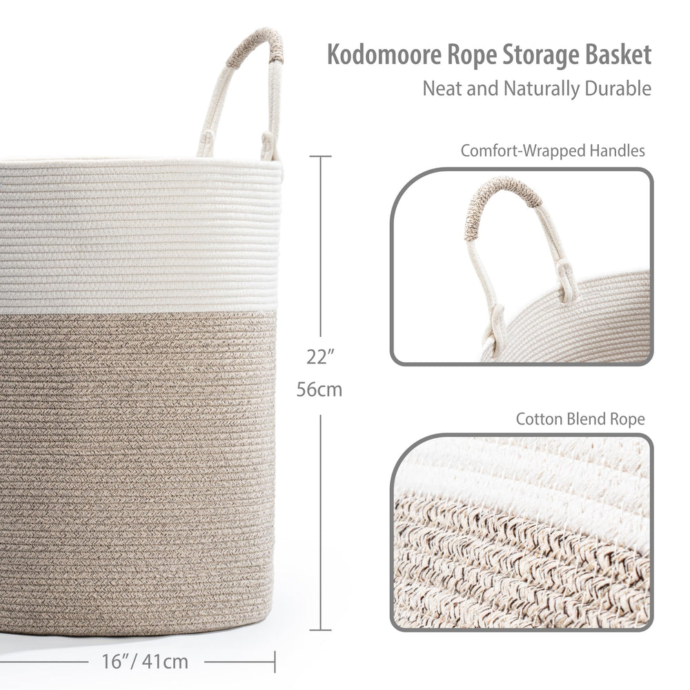 Kodomoore boho white-beige basket adds style while storing blankets and laundry.