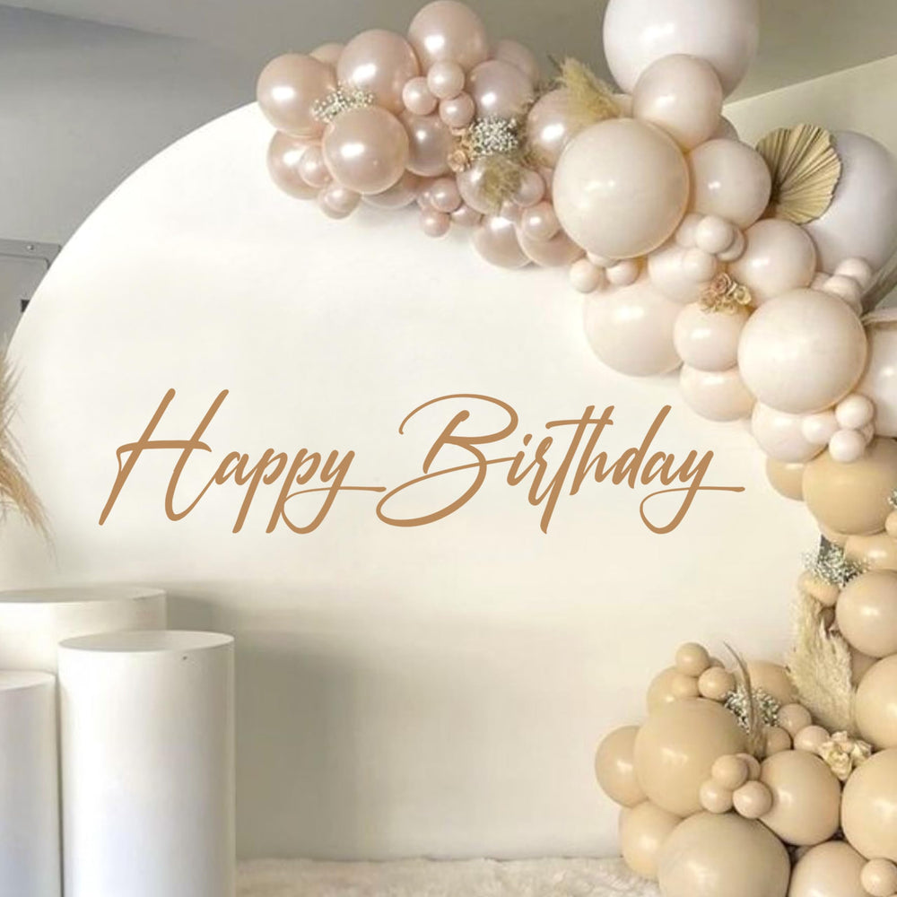 KOJIN Happy Birthday backdrop with champagne script for elegant photo wall.