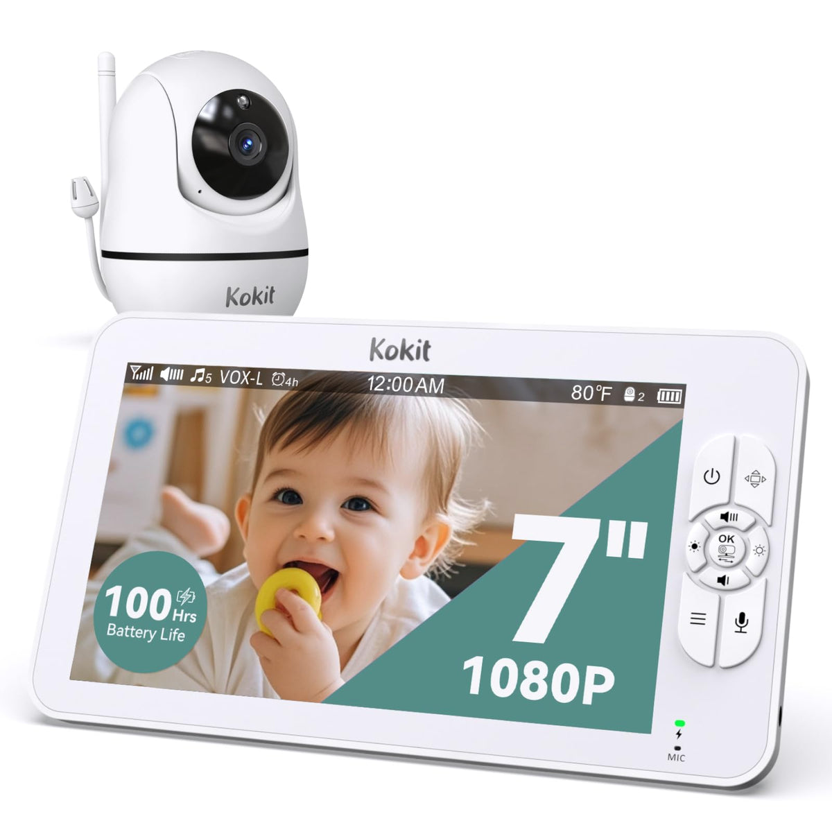 Kokit 7-inch HD screen offers clear nursery visibility for easy monitoring.