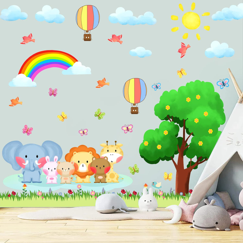 KOKOLAP bear on a rainbow forest wall decal brightens a kid's room.
