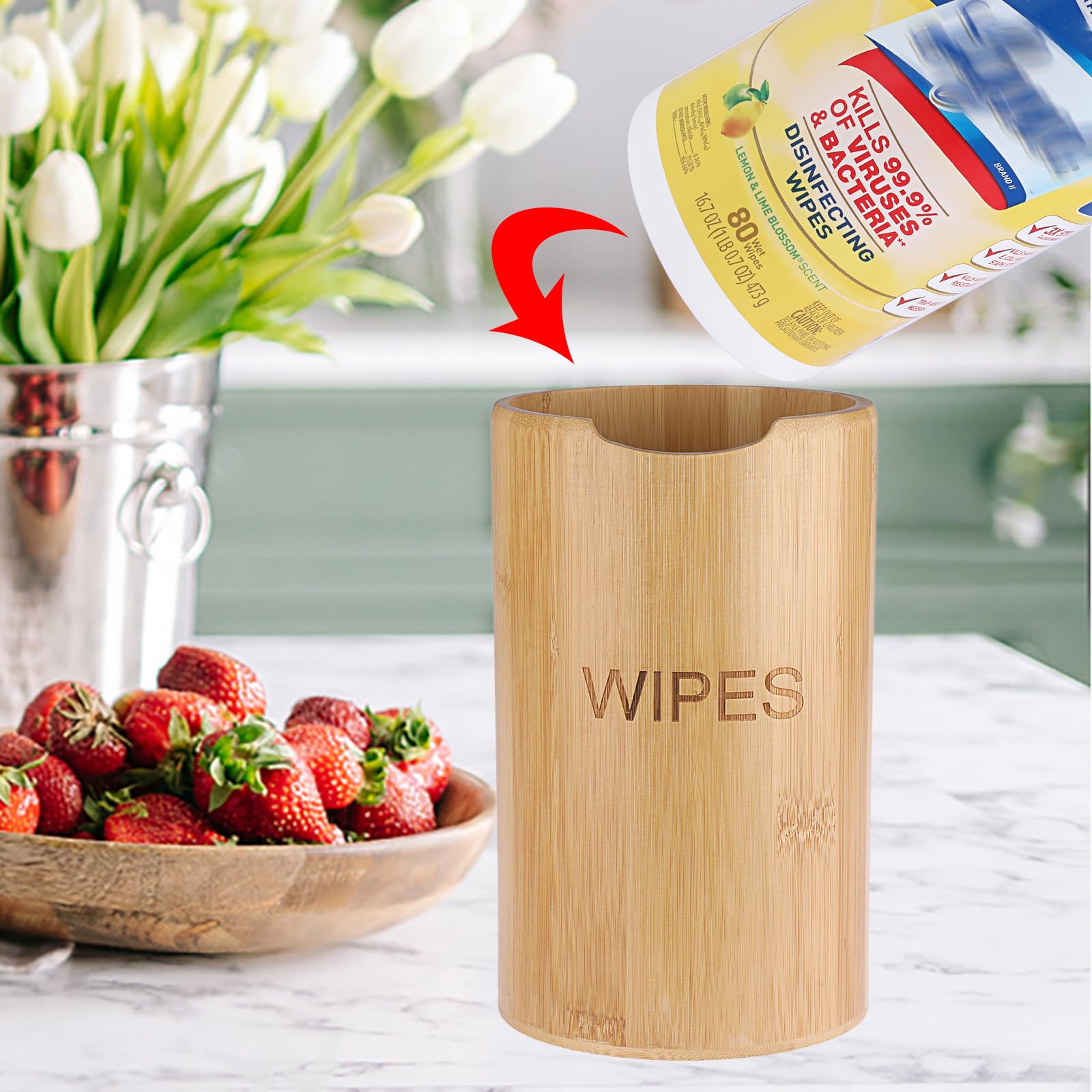 Kokone wipes dispenser placed in kitchen or bathroom for convenient access.
