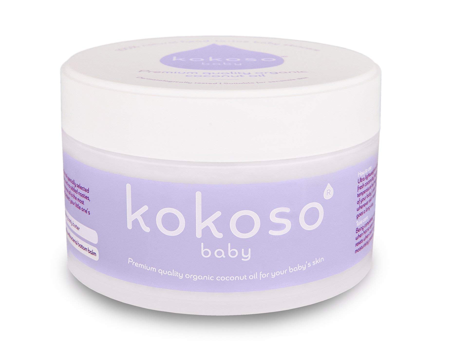 Kokoso baby oil bottle with organic coconut oil for gentle moisturising of baby's skin.