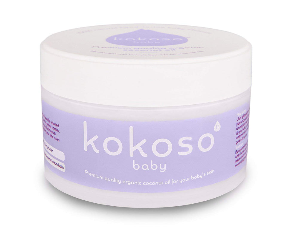 Kokoso baby oil bottle with organic coconut oil for gentle moisturising of baby's skin.
