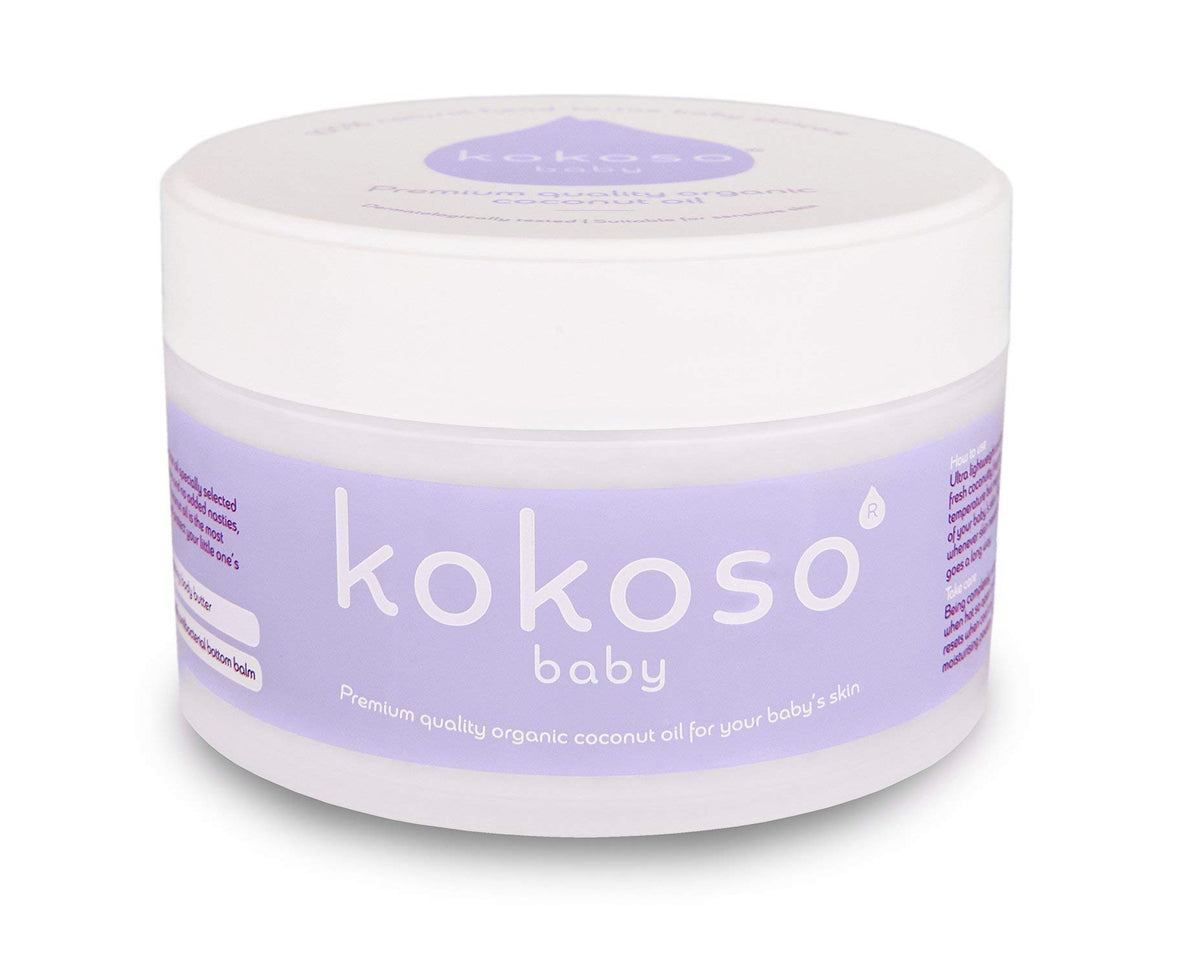 Kokoso baby oil bottle with organic coconut oil for gentle moisturising of baby's skin.