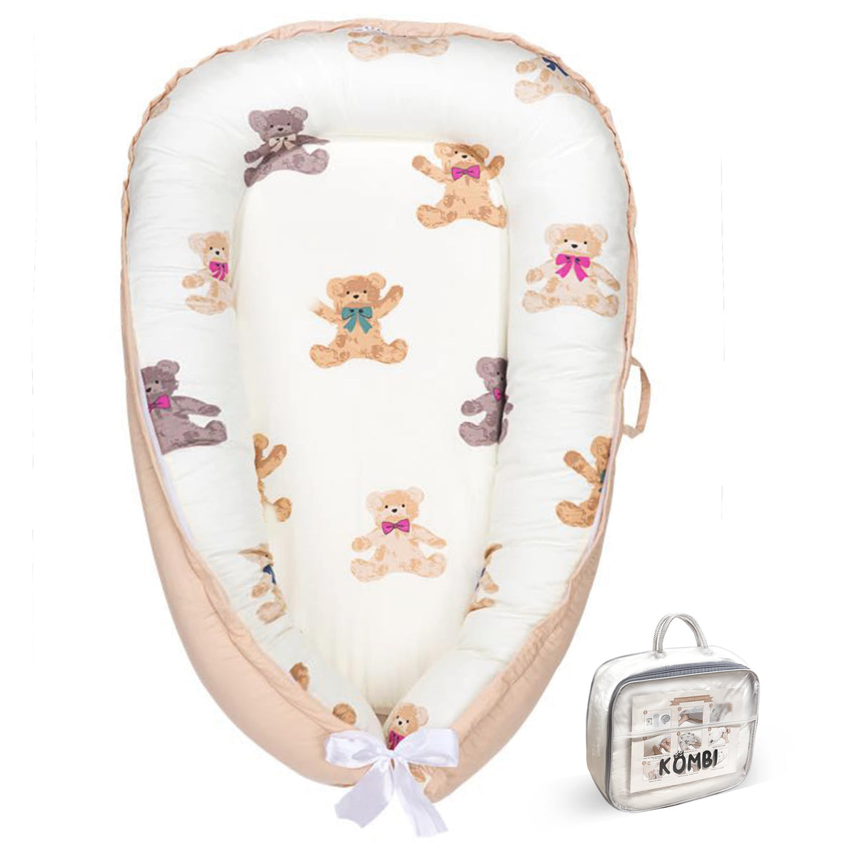 Kombi Baby Lounger Ivory front view with 360° bumpers for newborn comfort.