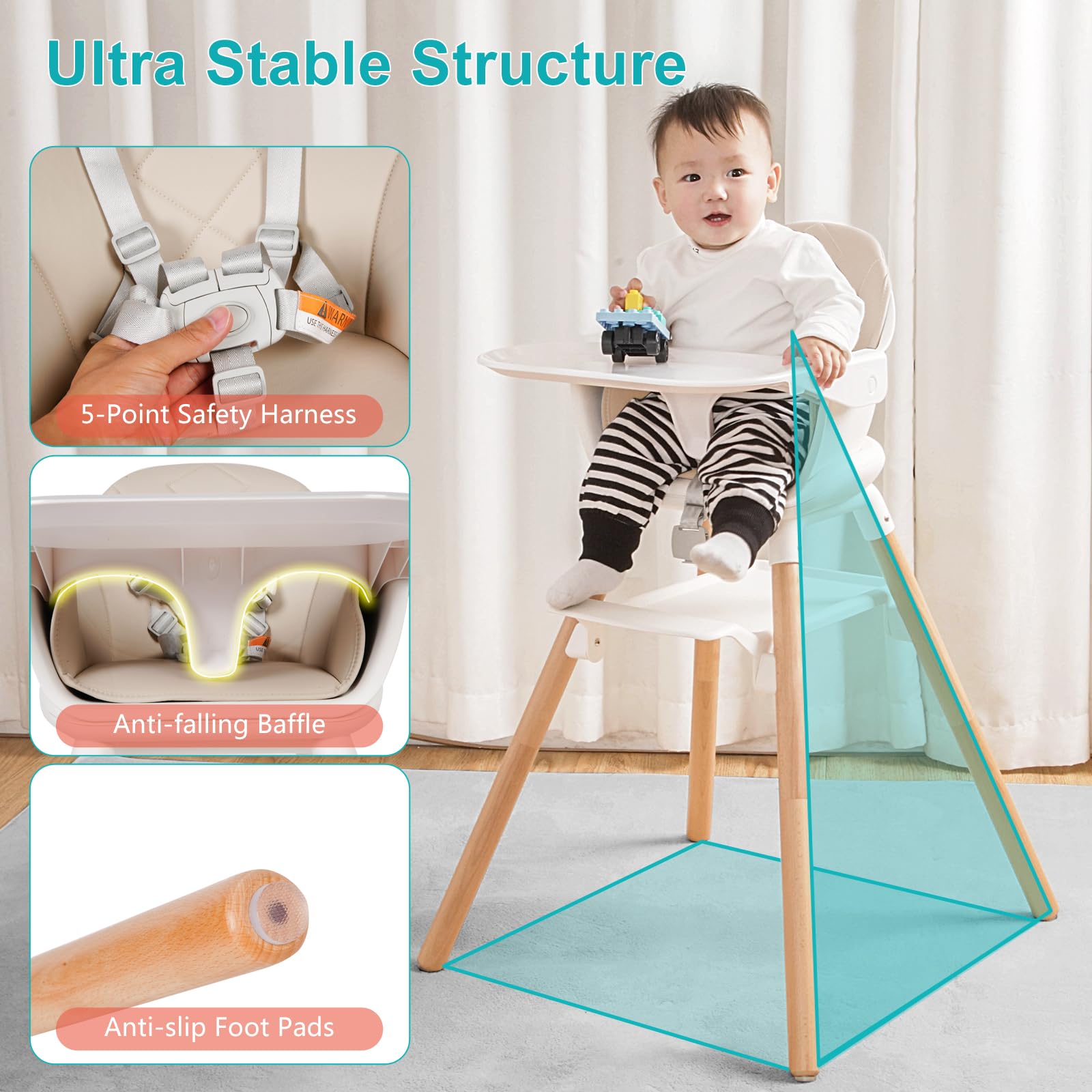 Komcot 6in1 high chair double-trays simplify meals and playtime cleanup.