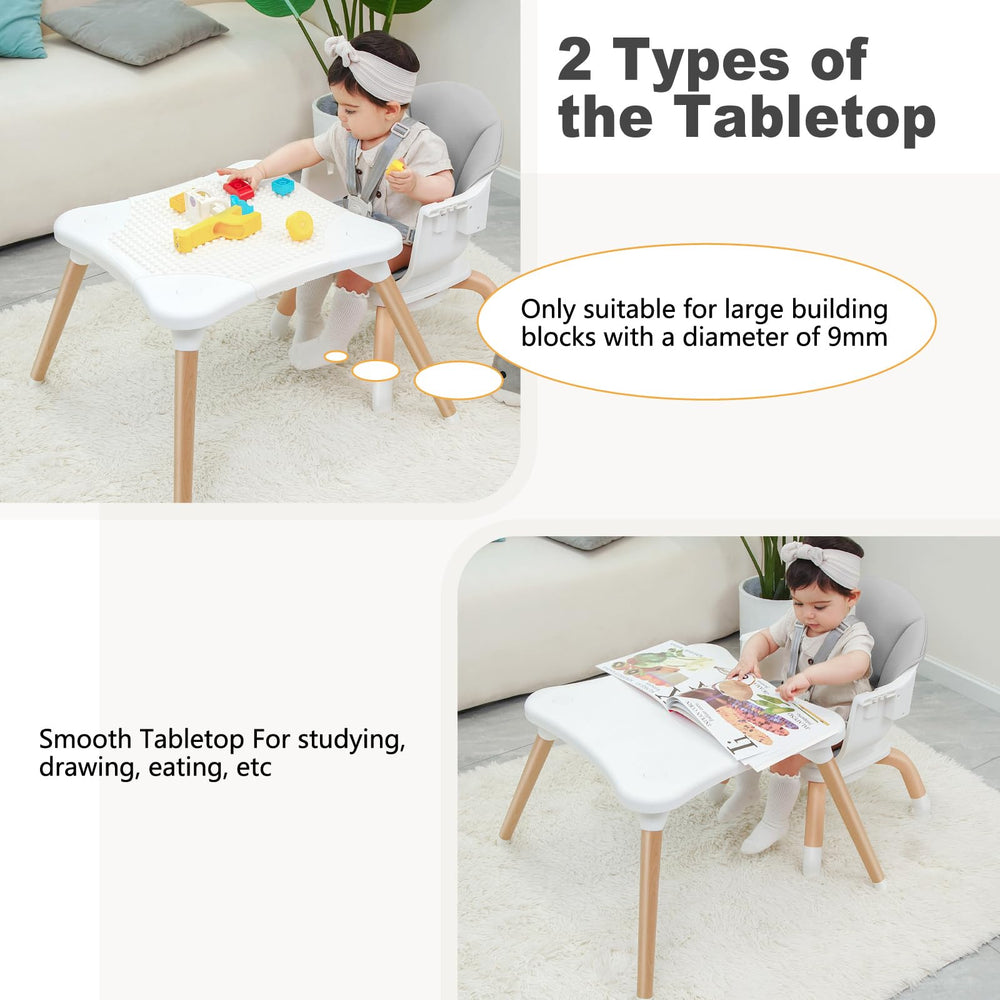 Komcot high chair shows a secure 5-point safety harness for safe seating.