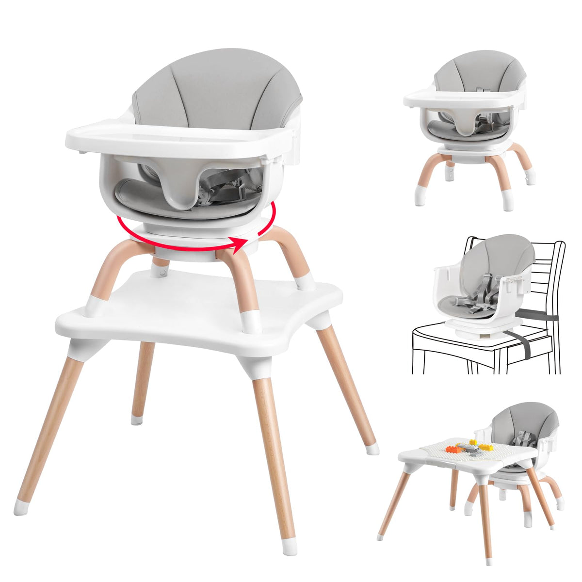 Komcot baby high chair in 7-in-1 conversion mode for feeding and play.