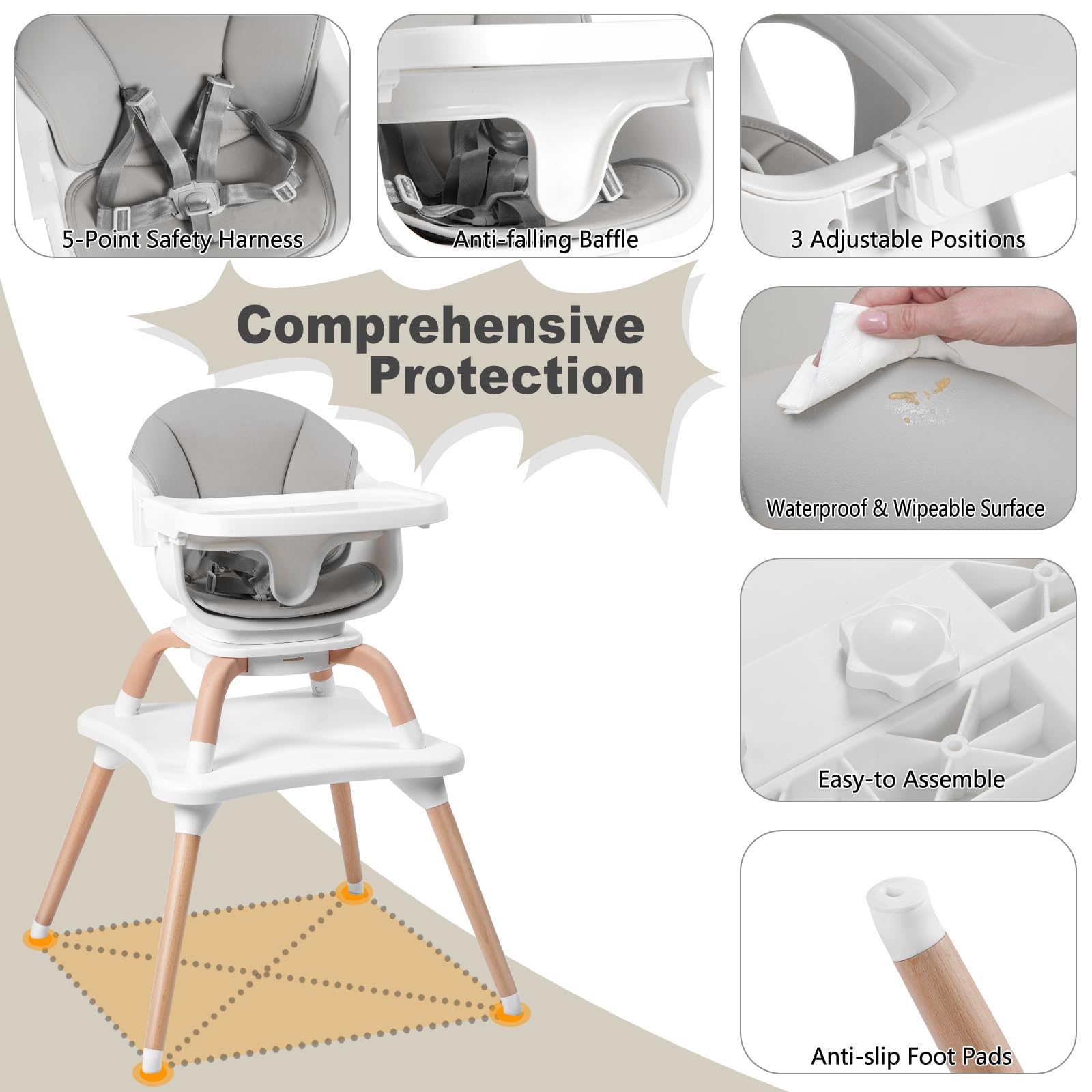 Komcot high chair features a stable pyramid base with anti-slip feet.