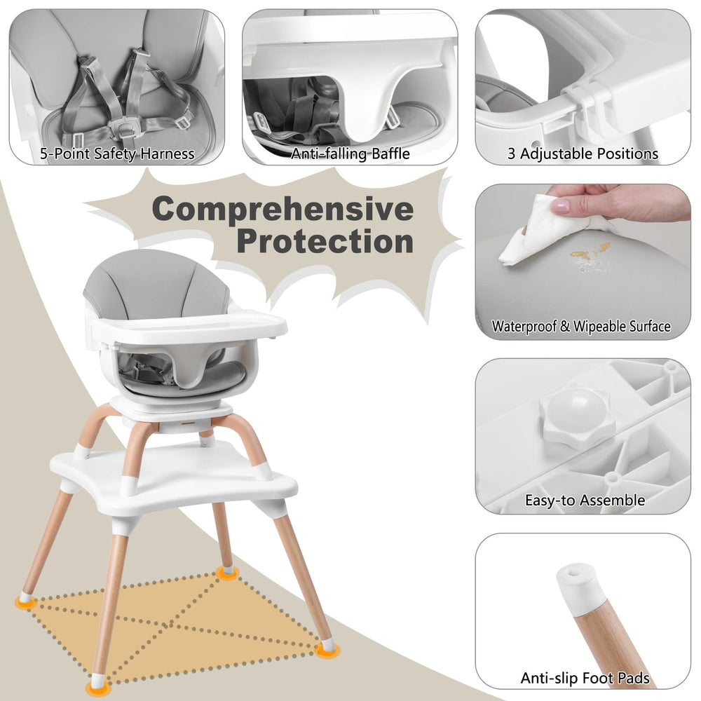 Komcot high chair features a stable pyramid base with anti-slip feet.