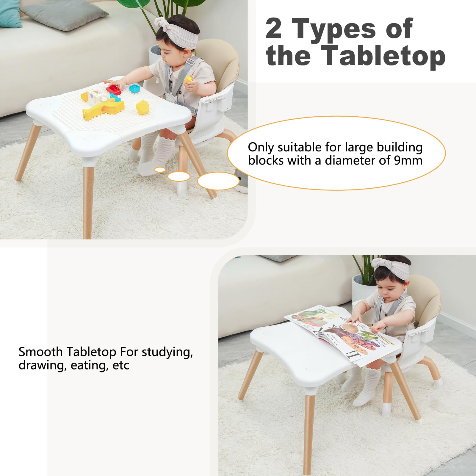 Komcot removable food tray with four adjustable positions for growing toddlers.