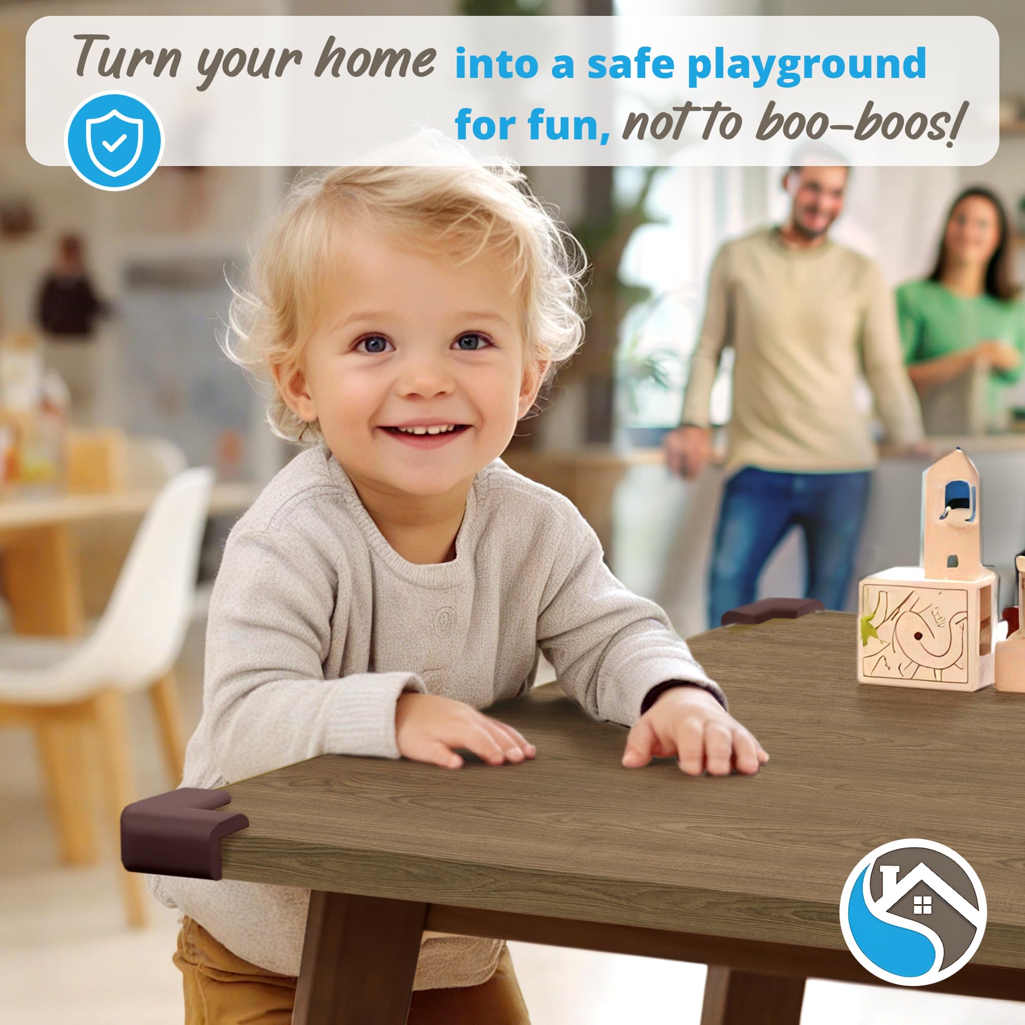 Komfortology 3M adhesive corner guards securely attach to furniture for quick safety updates.