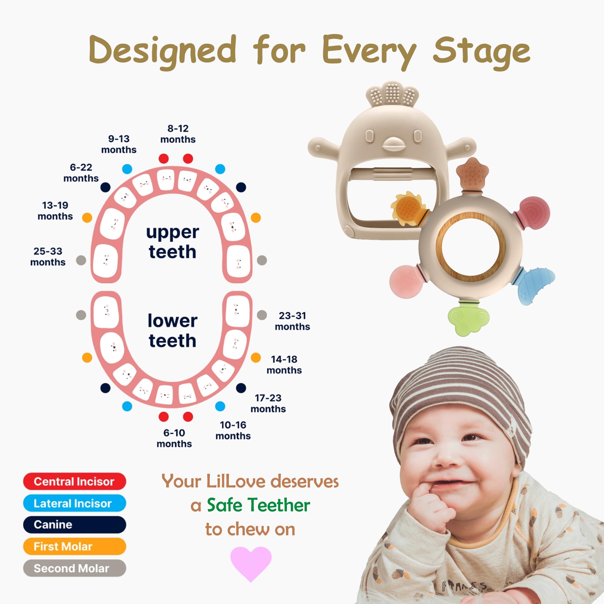Close-up of Komfy LilLove silicone teether showing durable one-piece construction.