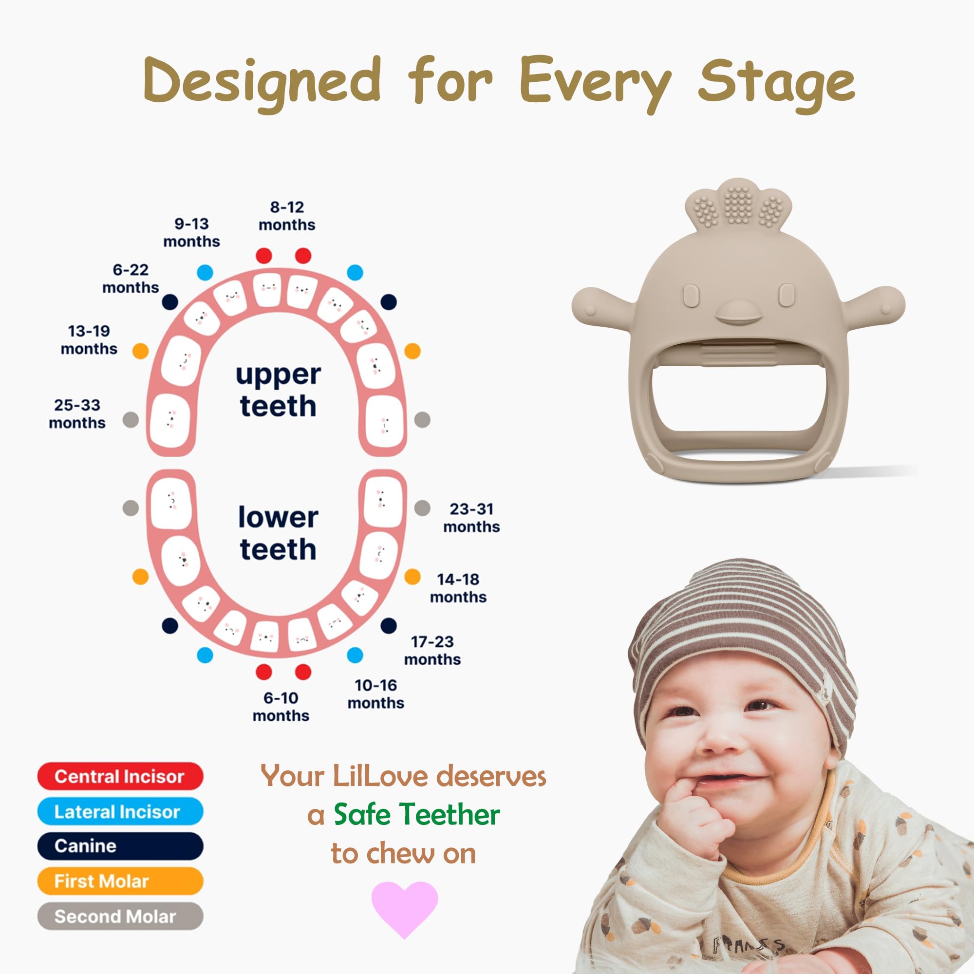 Komfy LilLove teether close-up with textured silicone bite points for gums