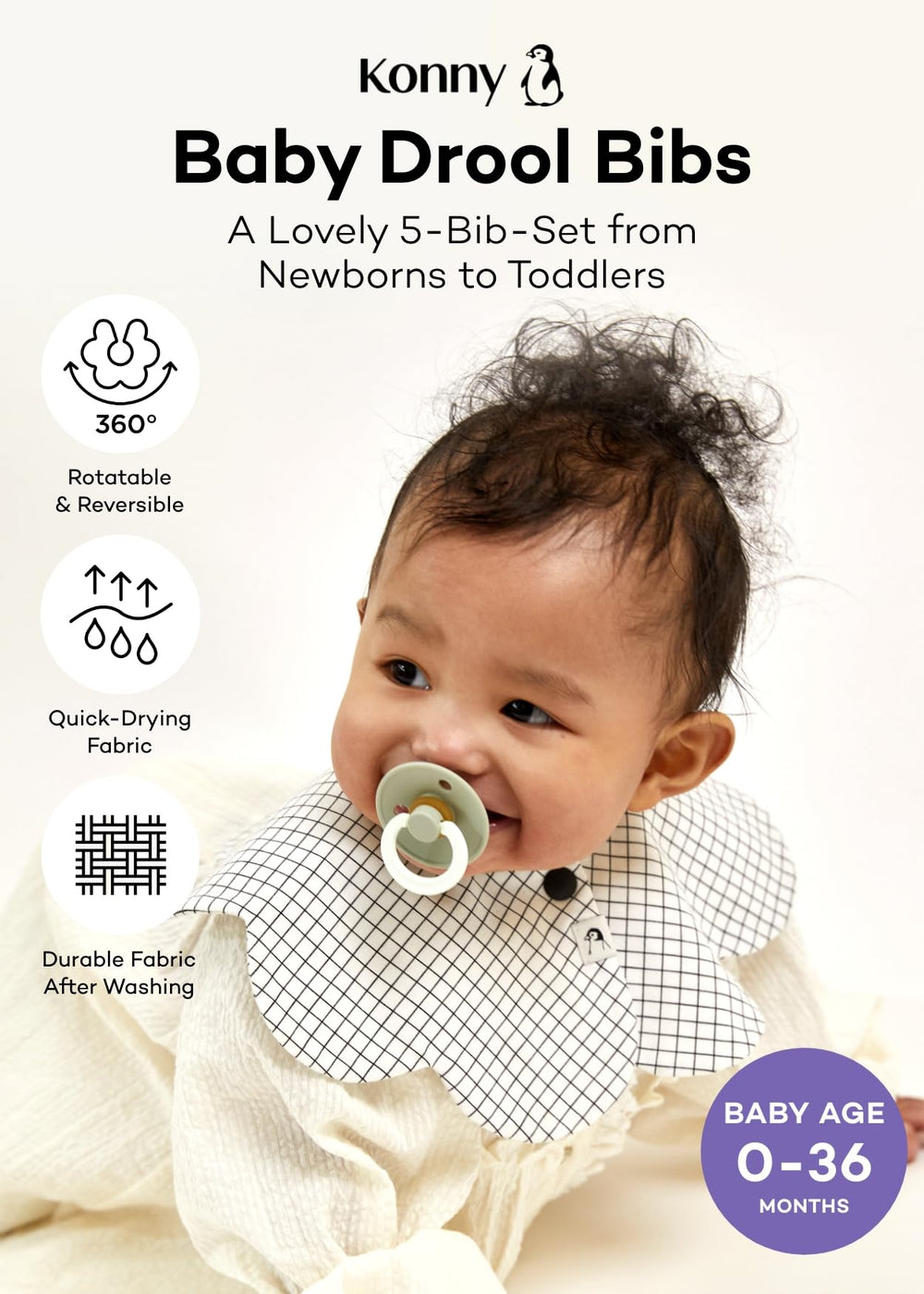 Konny Baby Bib back view showing double-sided design and snaps.