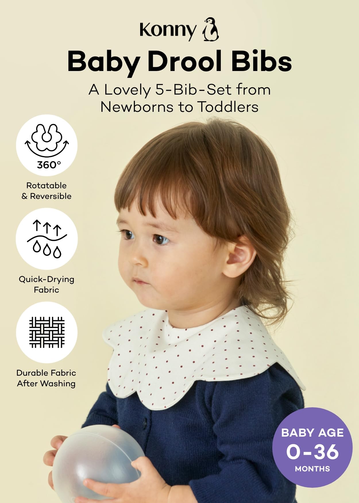 Soft, absorbent Konny bib fabric shown to quickly wick moisture.