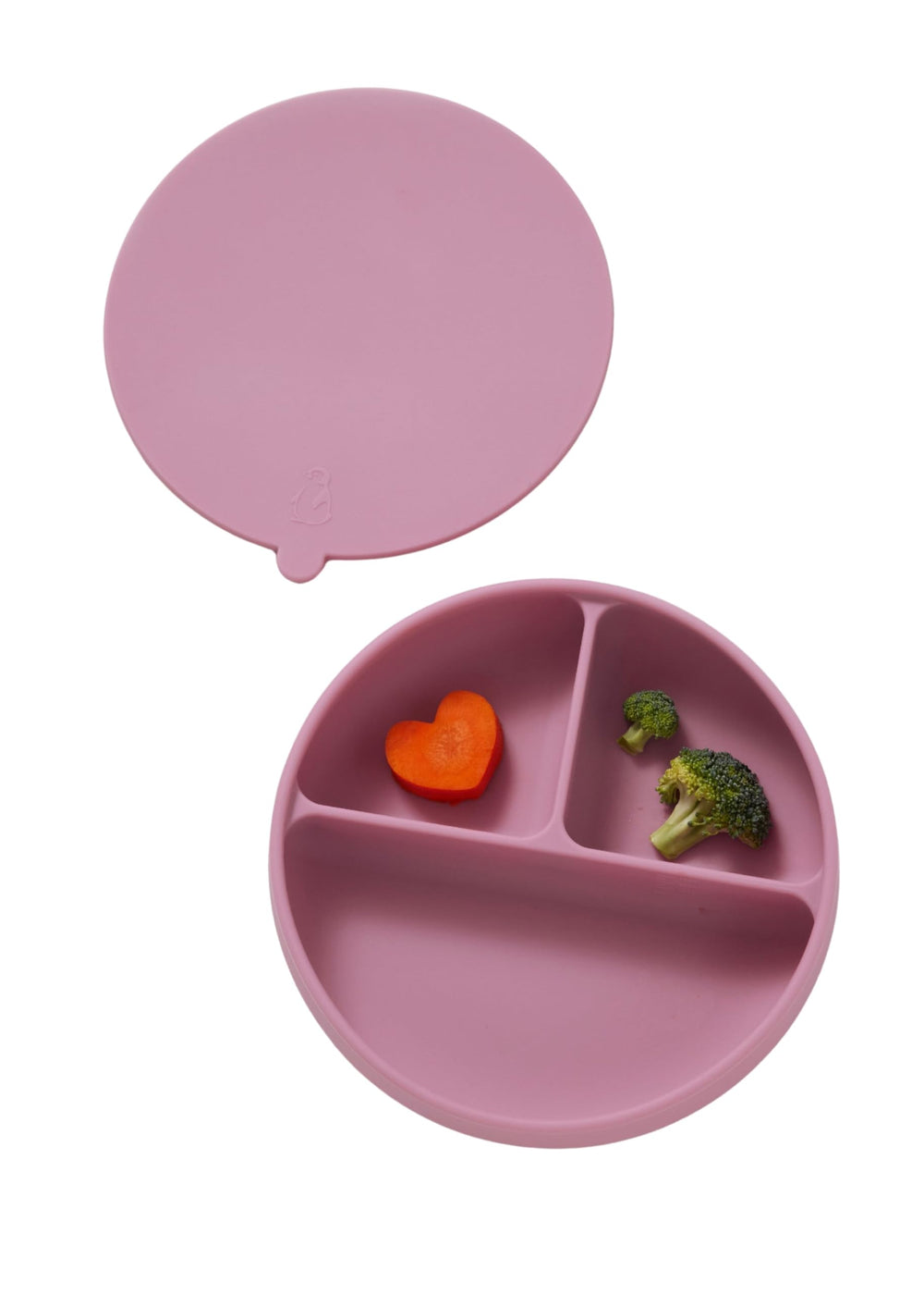 Konny EasyFeed silicone plate front view in pink showing three divided sections for meals.