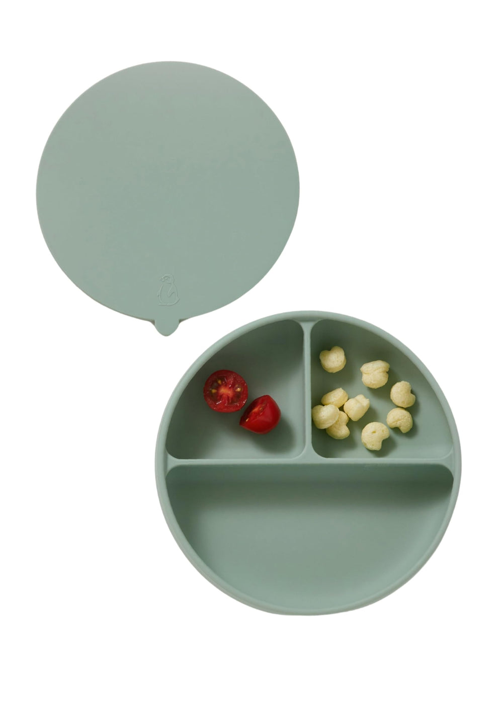 Konny EasyFeed silicone plate in sage for mess-free eating.