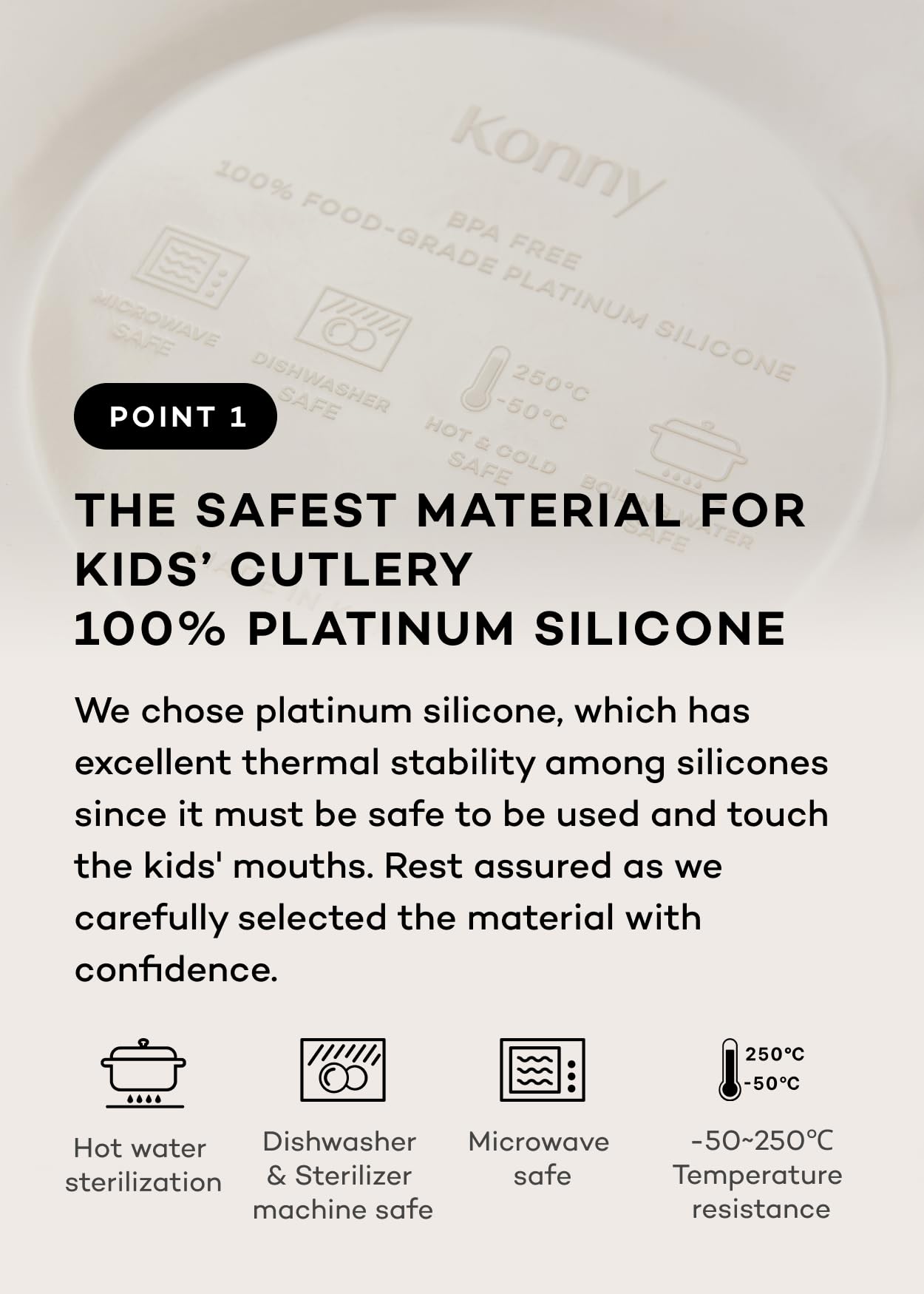 Konny EasyFeed suction bottom keeps plate steady to prevent spills.