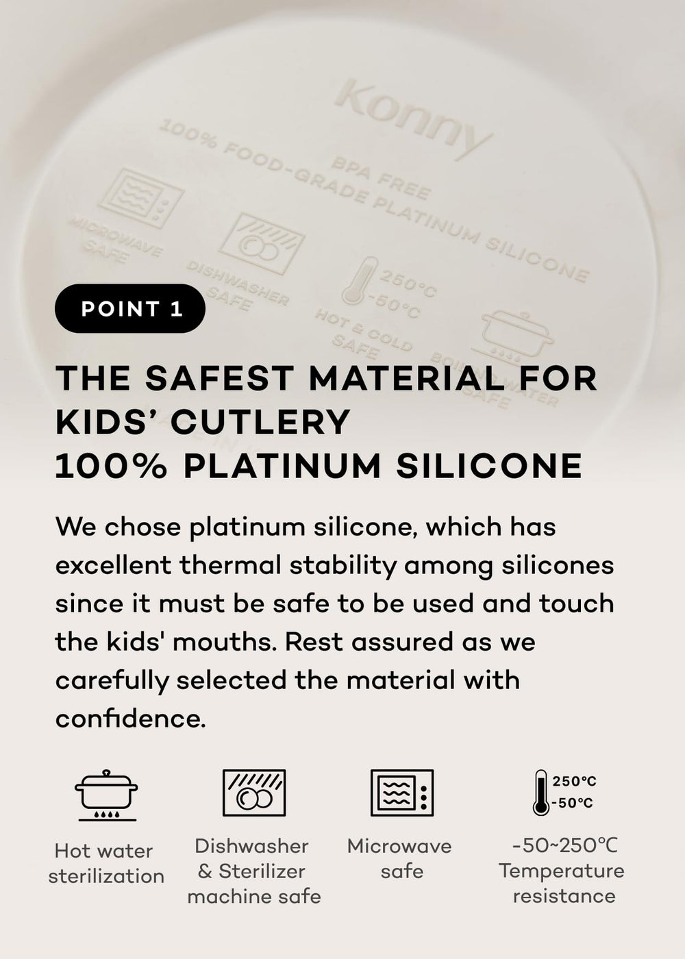 Konny EasyFeed suction bottom keeps plate steady to prevent spills.