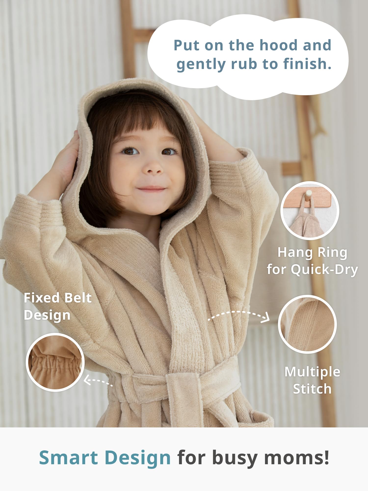 Konny Kids hooded towel worn by child demonstrates quick-dry comfort after bath.